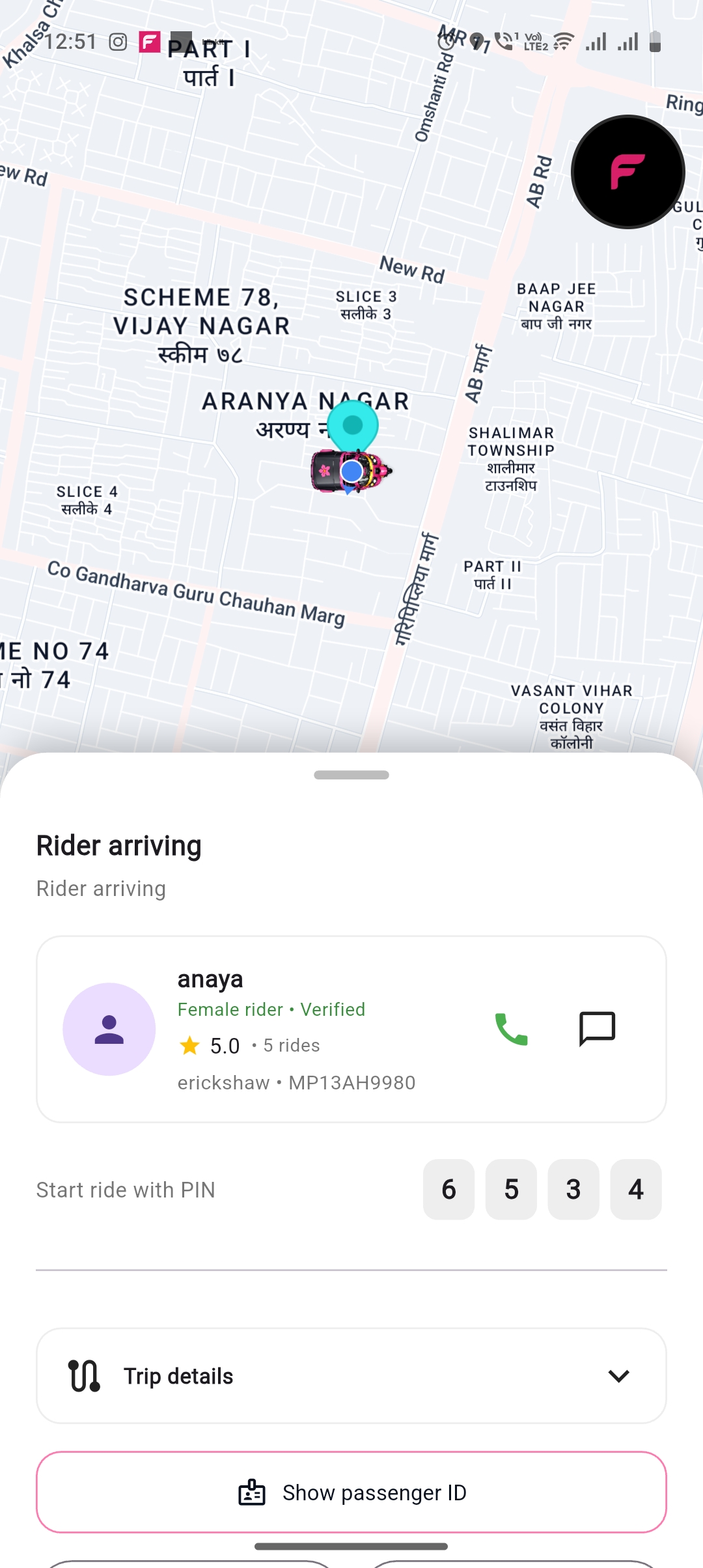 FeminGo rider arriving app screen